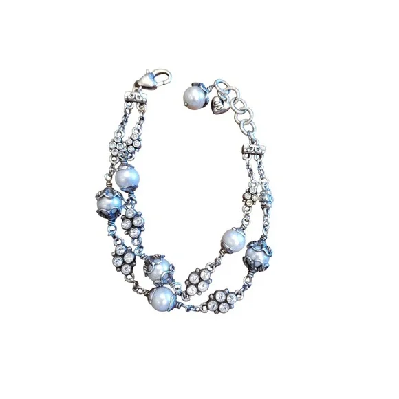 Brighton Pearl Rhinestone Silver Tone Bracelet Double Strand Adjustable Jewelry - Picture 1 of 5